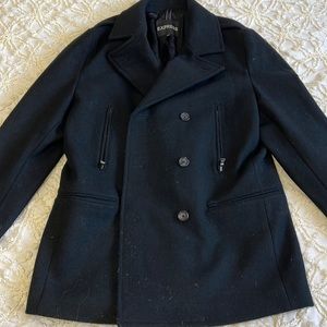 Express men’s black wool pea coat jacket large